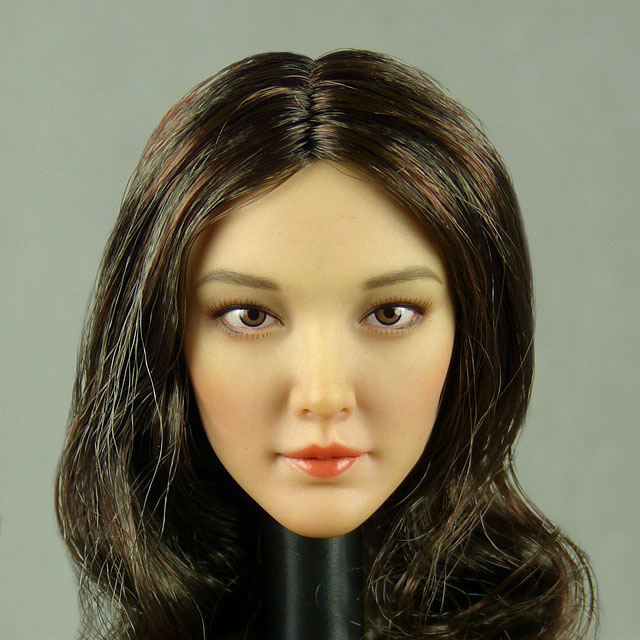 Cat Toys 1/6 Scale Female Asian Head Sculpt (Pale Tan) With Dark Brunette Long Wavy Hair